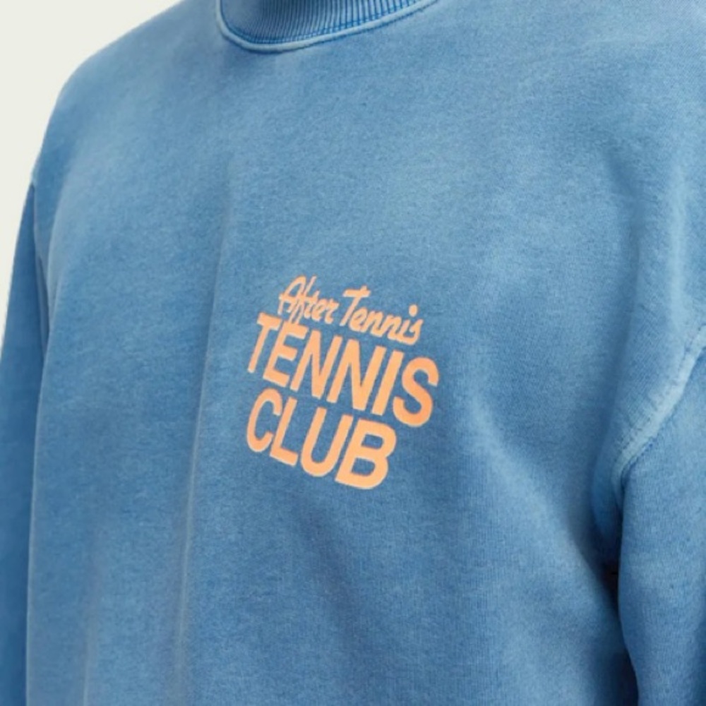 New  Scotch & Soda Sweatshirt Small Unisex Blue Garment Dyed Tennis Slogan